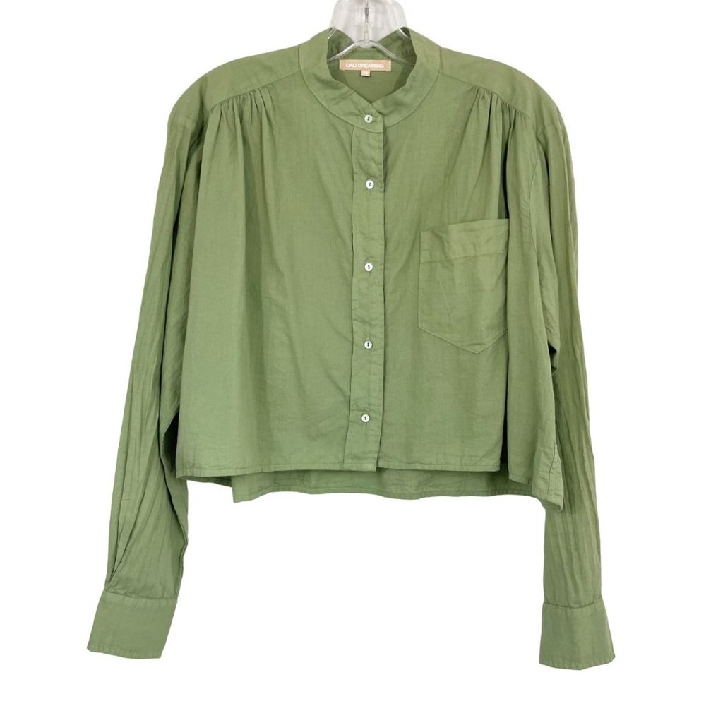 Cali Dreaming Green Long Sleeve Cropped Button Down Shirt‎ Cotton - Size Medium
